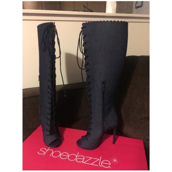 ‼️SOLD‼️ Denim Peep Toe Calf Boots - Picture 1 of 3